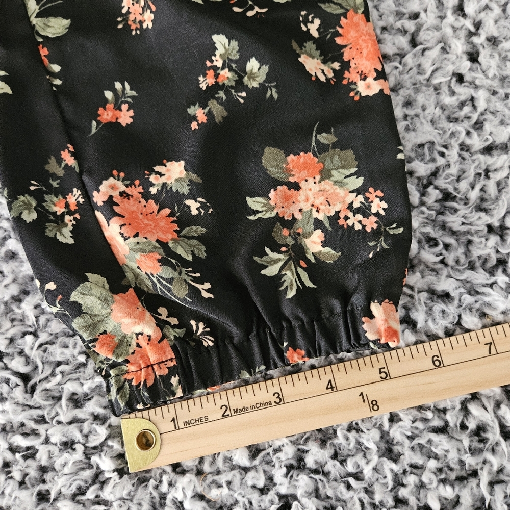 Black Floral Satin Jumpsuit M Medium Sleeveless Jogger Pant Women's Romper - Picture 13 of 14